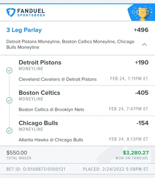 Winning FanDuel 3-leg moneyline parlay at +496: $550 wager paid $3,280.27