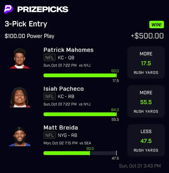 Winning PrizePicks 3-pick $100 Power Play on Patrick Mahomes, Isiah Pacheco and Matt Breida rushing yards, paid $500