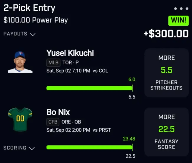 Winning PrizePicks 2-pick $100 Power Play on Yusei Kikuchi strikeouts and Bo Nix fantasy score, paid $300