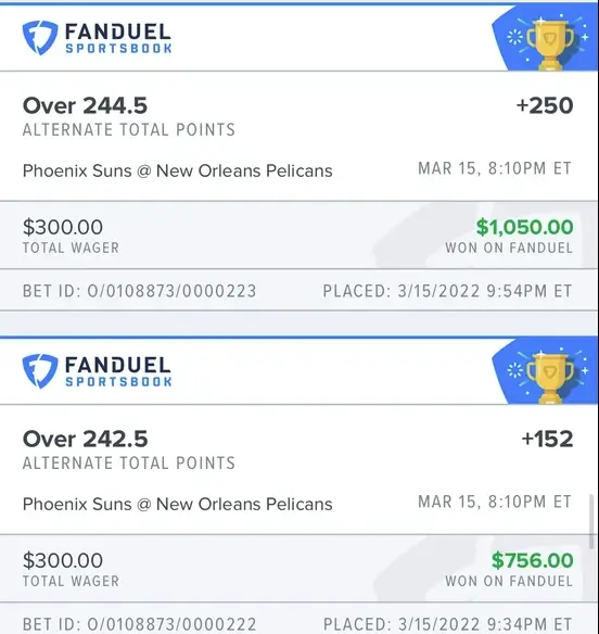 Winning total points bet tracked in the app