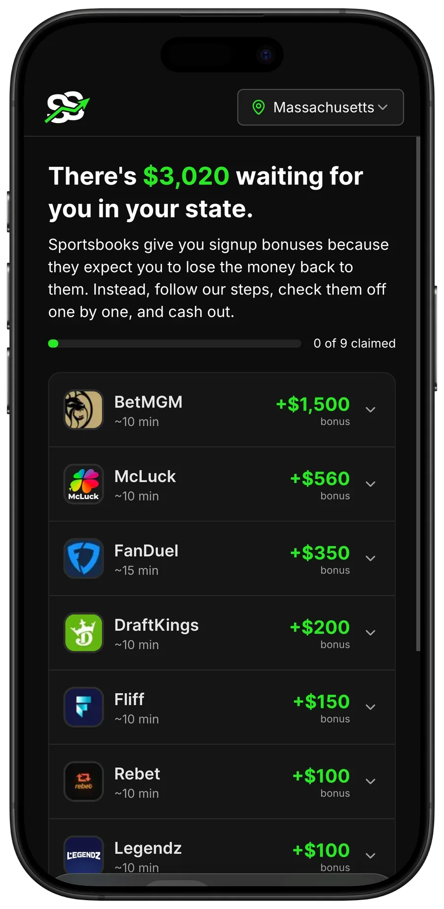 Sportsbook signup bonuses tracked in the SharpLine Sports app on iPhone