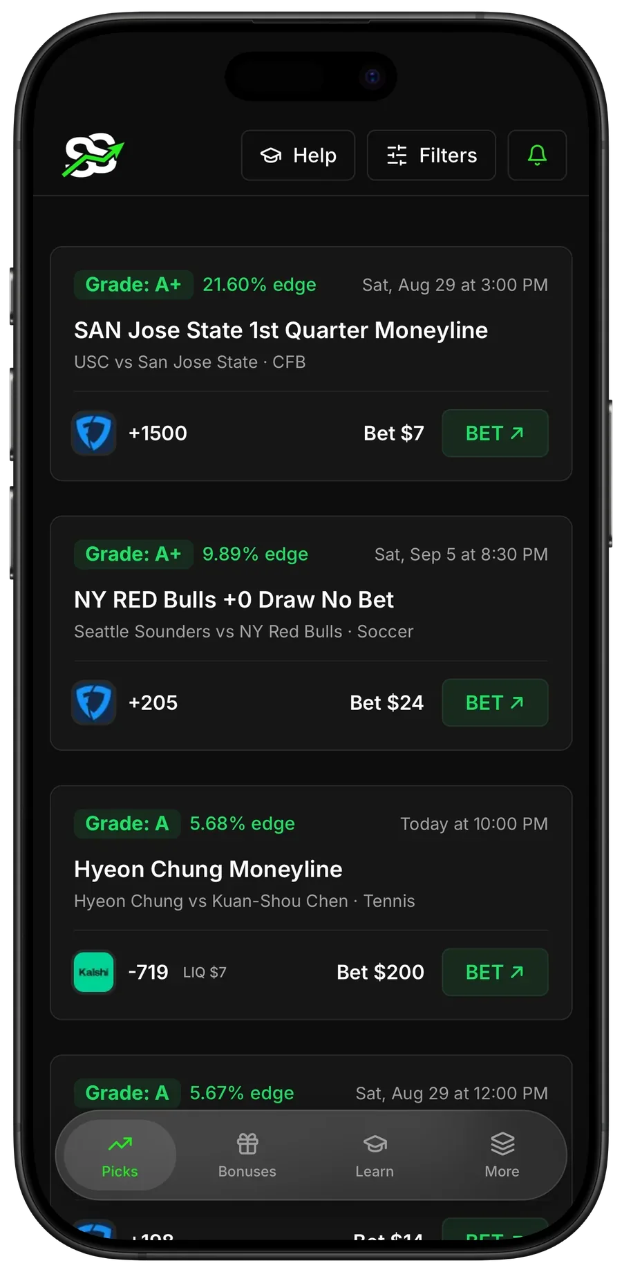 +EV picks with edge percentages and recommended bet sizes on iPhone