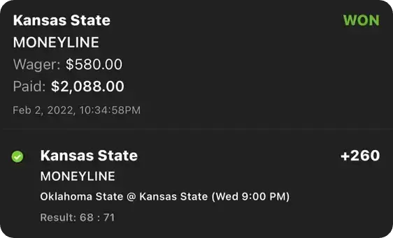 Winning Kansas State moneyline bet tracked in the app